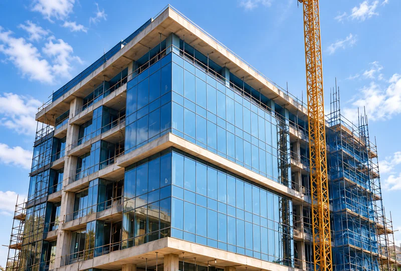 Glass-facade commercial building under construction