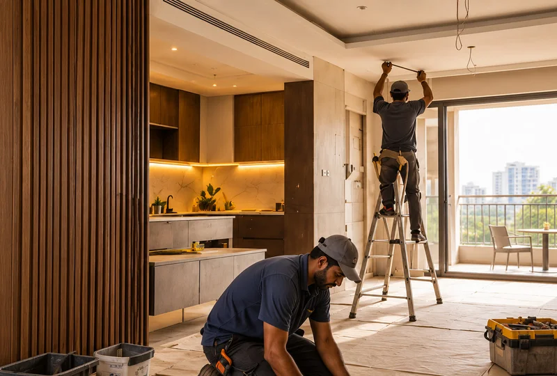 Workers renovating a modern home interior