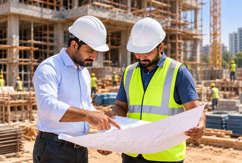 Engineers reviewing site plans on a construction site