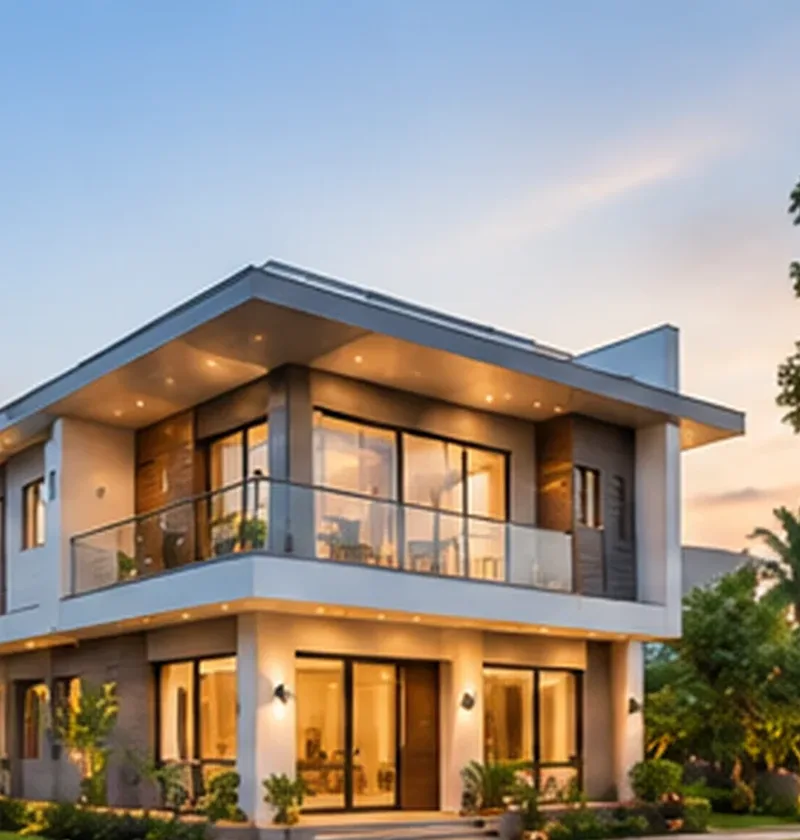 Modern two-storey home at sunset