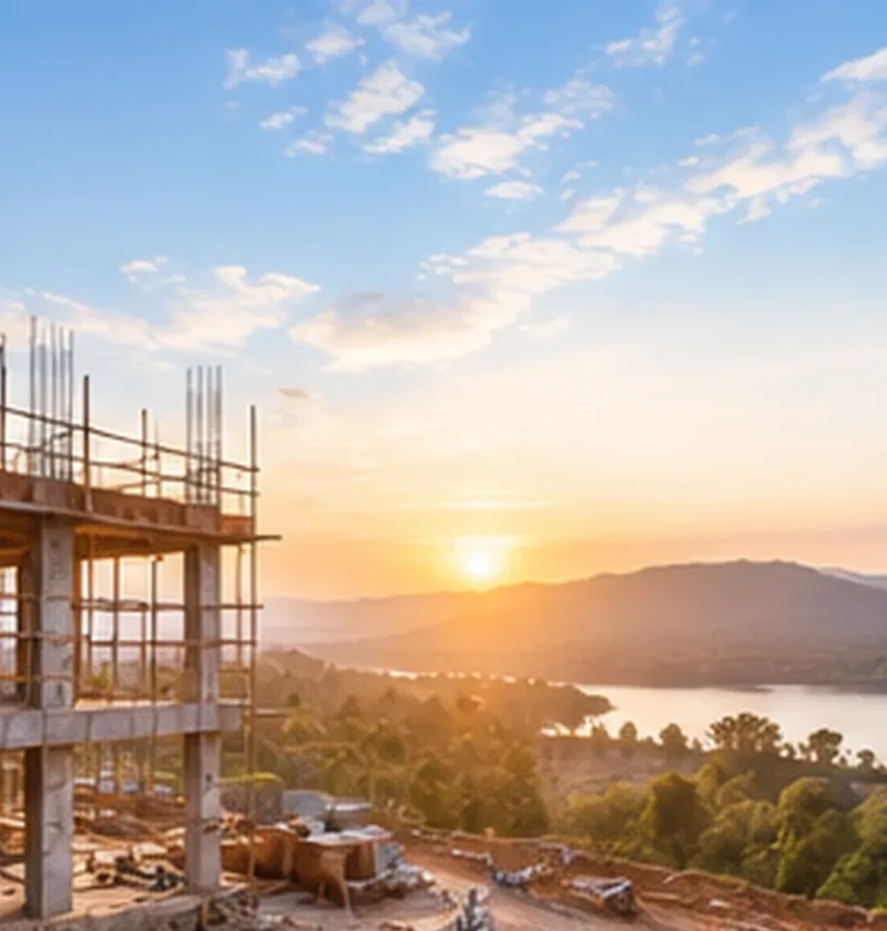 Building under construction with a lake view at sunrise